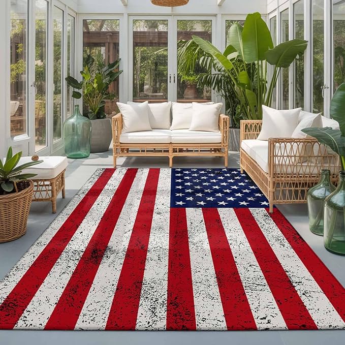 Area Rug 3x5ft, Independence Day Stars Stripes Retro Washable Rugs for Living Room Bedroom, Patriotic Flag Red Blue Soft Non-Slip Area Rugs Rectangle Floor Carpet for Dining Room