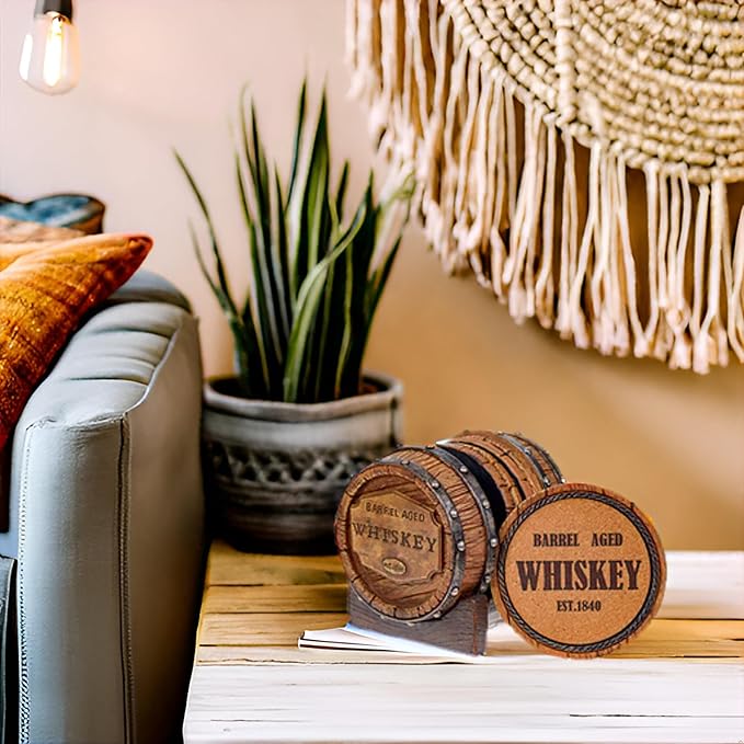 Pine Ridge 5pcs 1840 Aged Whiskey Barrel Drink Coaster Set with Holder - Rustic Bar Coasters for Whiskey Table & Bourbon Room - Unique Bar Accessories for Man Cave - Beer & Whiskey Glass Coaster