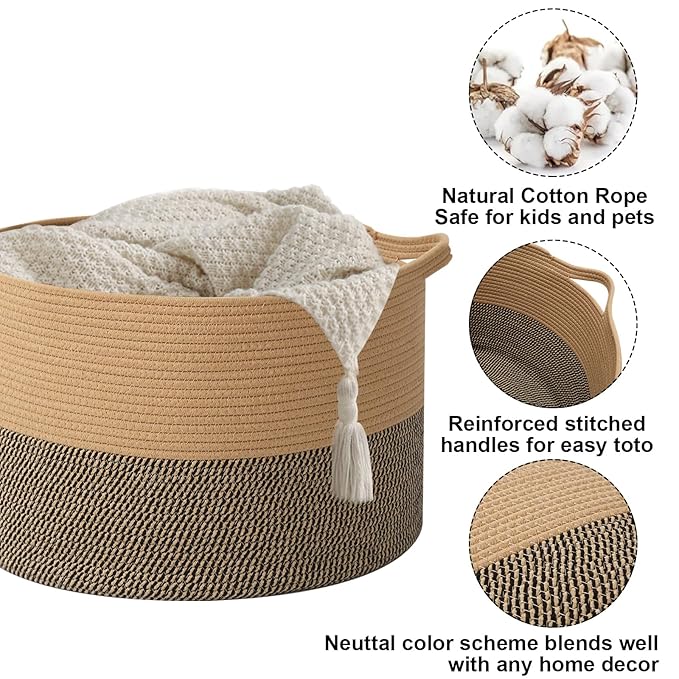 90L Extra Large Blanket Basket,Woven Rope Laundry Basket Hamper with Handles, Decorative Nursery Basket Storage Bin for Toys, Clothes Organizer, Living Room, Bedroom, Bathroom, Jute&Black