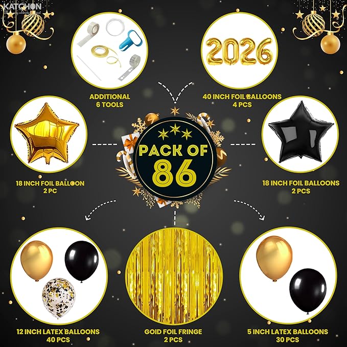 KatchOn, New Years Eve Party Supplies 2026 - Huge Set, Pack of 86 | Happy New Year Decorations 2026, NYE Decorations 2026 | Gold Fringe Curtain Backdrop with Black and Gold 2026 Balloon Arch Kit