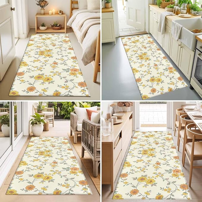 Runner Rug for Bedroom Hallway, Orange Yellow Flowers Wild Vines Kitchen Runner Rugs Area Rug 2x6ft, Watercolor Floral Washable Soft Floor Carpet for Entryway Stair