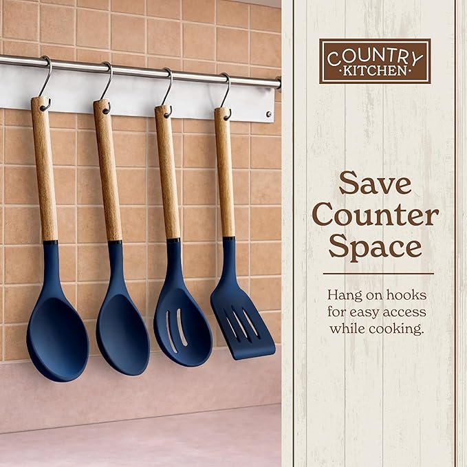 Country Kitchen Non Stick Silicone Utensil Set with Rounded Wood Handles for Cooking and Baking, 8 Piece Set, Navy