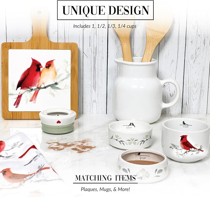 Pavilion Gift Company - Cardinal - 6.75" Stacked Measuring Cups Baking Cooking Bird Floral Kitchenware