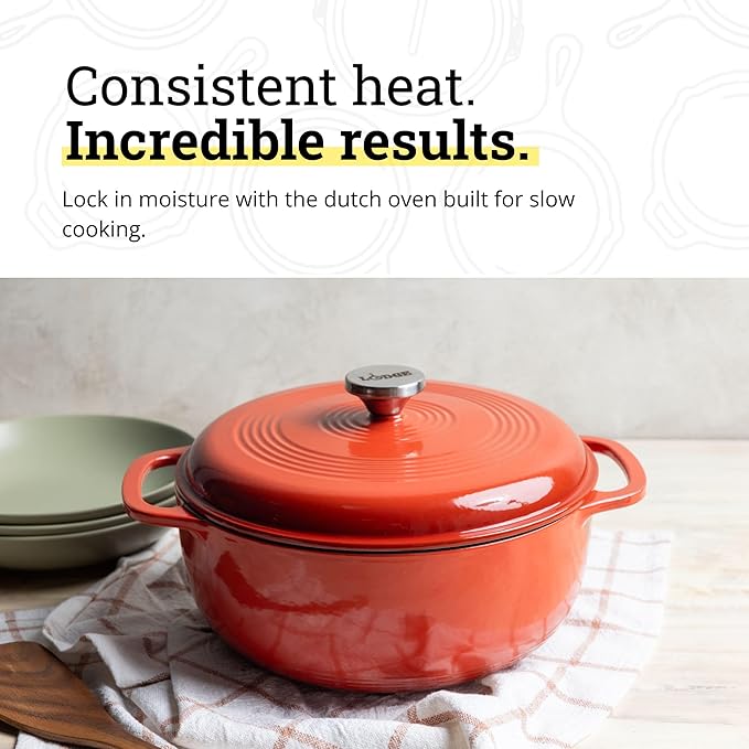 Lodge Essential Enamel Cast Iron Dutch Oven - Perfect for Bread Baking, Braising, Marinating & Slow Cooking - Features Moisture-Sealing Lid & Dual Handles - Kitchen Essentials - 6 Quarts - Poppy
