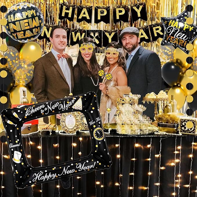 Happy New Year Decorations 2026 - New Year Eve Party Supplies with Glitter Fringe Curtain/ new Years Eve Balloons/ Happy new year Banner Foil Balloons/ 1 Sets Photo Booth Props & Dots Garlands