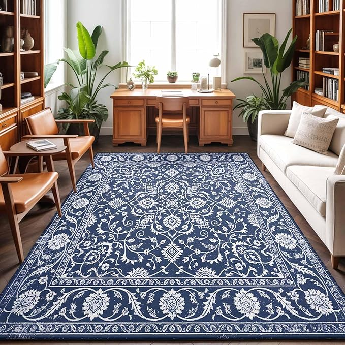 Area Rug 8x10ft, Navy Blue Paisley Floral Texture Washable Rugs for Living Room Bedroom, Vintage Tribe Flower Soft Non-Slip Area Rugs Rectangle Floor Carpet for Dining Room