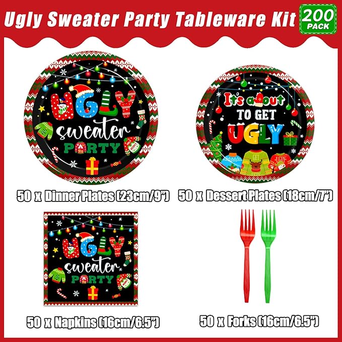 200Pcs Christmas Ugly Sweater Party Plates, Red and Green Ugly Xmas Sweater Party Decorations Supplies Winter Holidays Family Gathering Birthday Party Tableware Disposable Dinnerware Set , Serves 50
