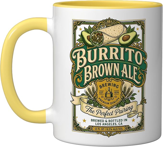 Burrito Brown Ale Mexican Food Retro Funny Beer Label Ceramic Mug, Yellow/White