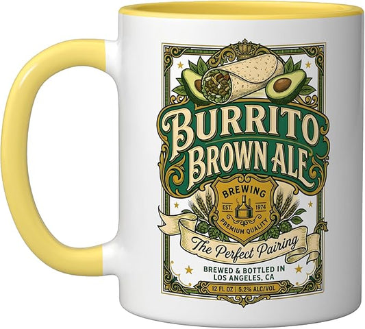 Burrito Brown Ale Mexican Food Retro Funny Beer Label Ceramic Mug, Yellow/White