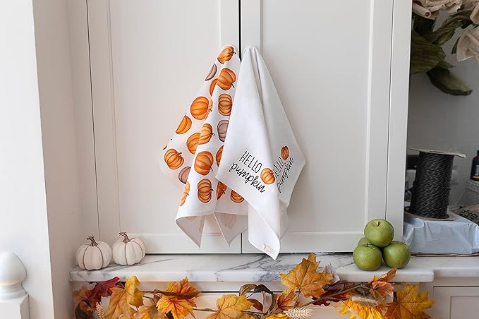 Pearhead Fall Pumpkin Tea Towels Set of 2, Autumn Kitchen Dish Towels with Hello Pumpkin Print and Pumpkin Pattern, Decorative Cotton Hand Towels for Cooking, Baking, and Seasonal Home Décor
