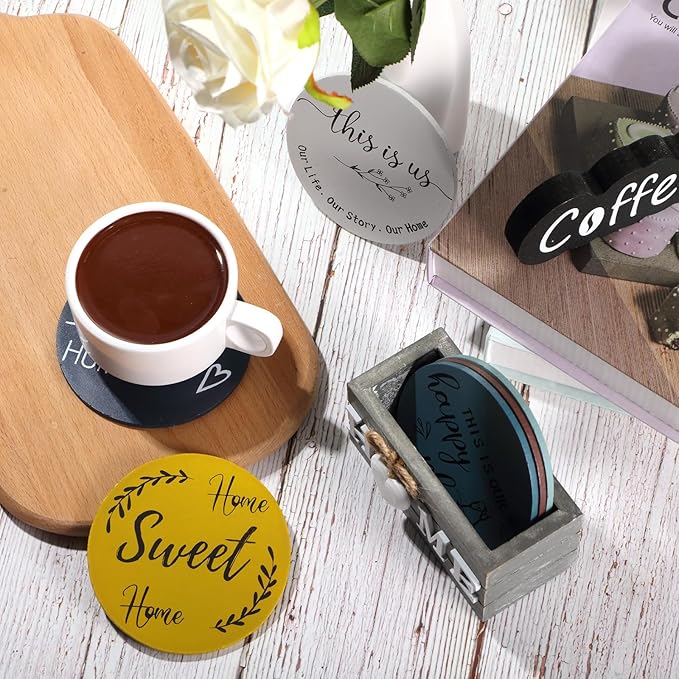 Queekay Coasters Set of 6 House Warming Gifts New Home Wooden Farmhouse Drink Coasters with Holder 4'' Funny Decoration for Kitchen Family Coffee Bar Tabletop Protection(Blue)