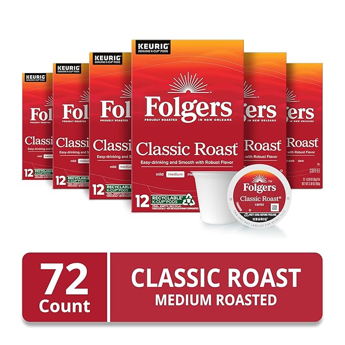 Folgers Classic Roast, Medium Roast Coffee, Keurig K-Cup Pods, 12 Count Boxes (Pack of 6)