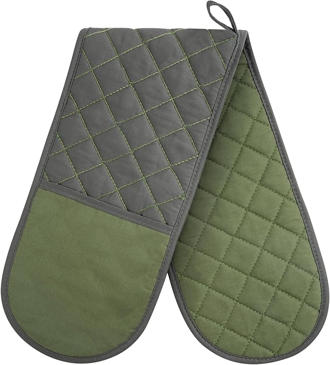 AUAUY Green Double Oven Mitts, 250°C/482°F Heat Resistant BBQ Mittens with Ropes, Silicone Non-Slip Design Kitchen Mittens, Cooking Glove Kitchen Accessories for Cooking Baking Grilling