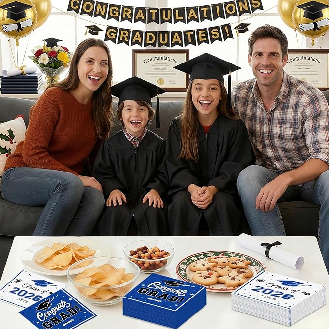 50 Pcs Graduation Napkins Decorations - Blue Class of 2026 Congrats GRAD 3-Ply Paper Cocktail Dinner Napkins Set for 2026 Graduation Party Supplies Table Decor Favors, 6.5 x 6.5 Inch