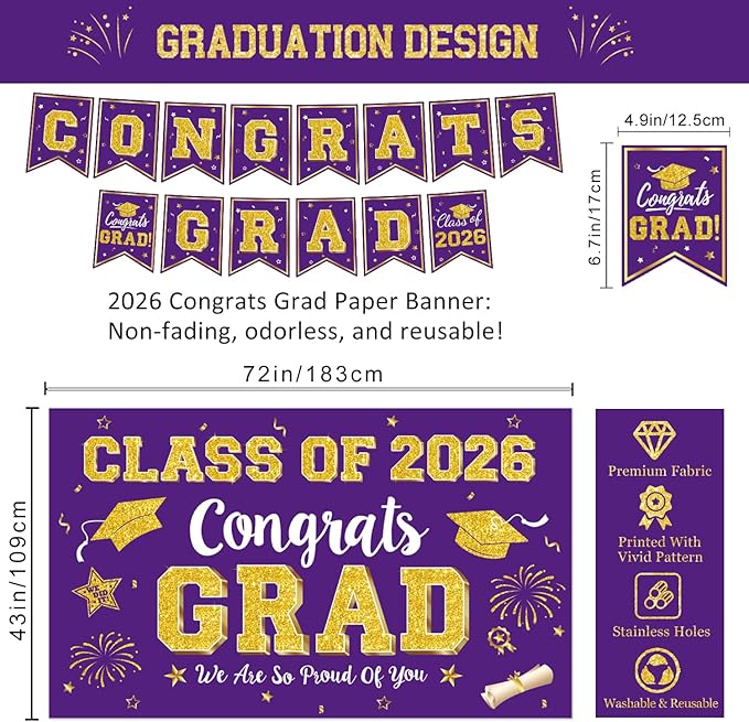 Graduation Decorations Class of 2026, Purple and Gold Graduation Decorations Include Grad Backdrop, Banner, Hanging Swirls, Porch Sign, Balloons for Congrats Grad Party Supplies