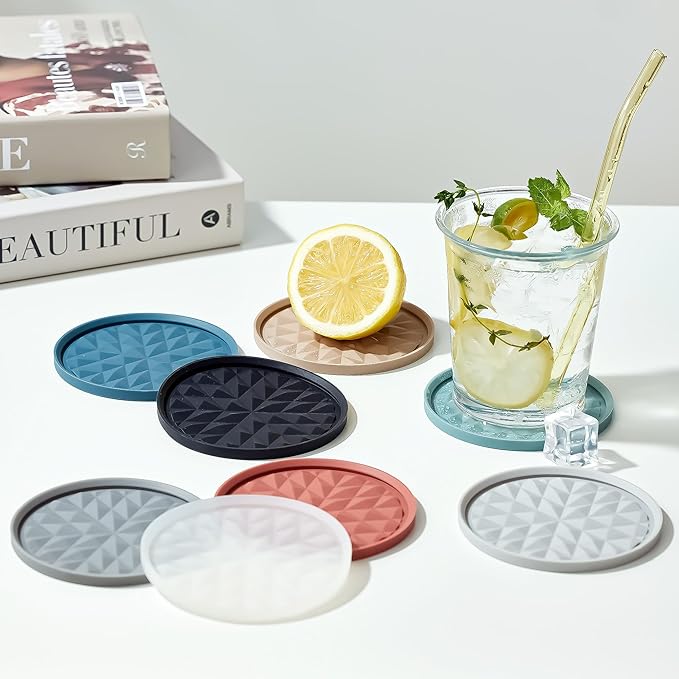 Silicone Coasters for Drinks[6 Pack, Soft Pink] Diamond Design Cup Mat with Holder for Tabletop Protection Non Slip, Non Stick, Coffee Table Decor, Great Gift for Any Occasion