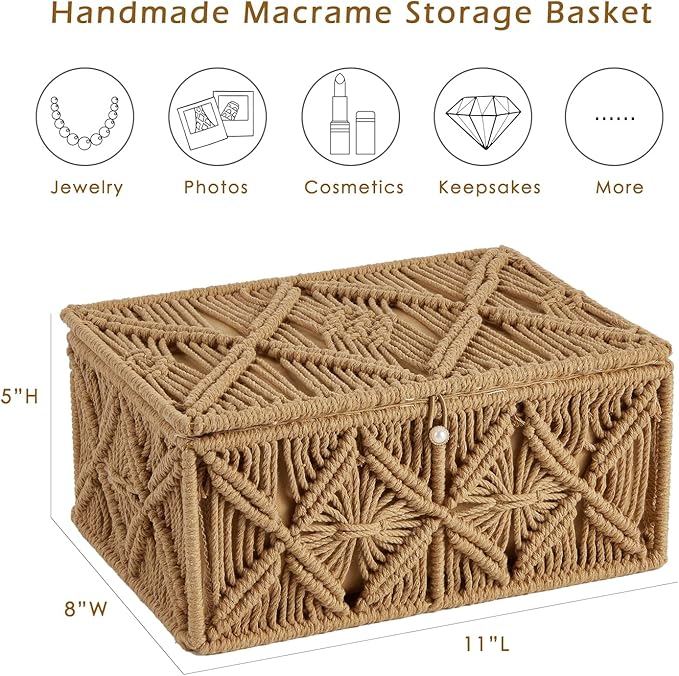 Decorative Boho Storage Baskets with Lid Bohemian Macrame Jewelry Box Handmade Natural Cotton Rope Woven Bins Memory Keepsake Photo Makeup Organizer Shelf Container (Khaki, Large)