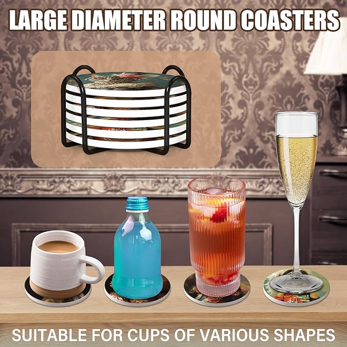 Drink Coasters Set of 6, Cat Coasters, Funny Ceramic Stone Coaster, with Cork Base and Metal Holder, Absorbent Round Non-Slip Drink Coffee Bar Mug Cup Coaster Cat Decor Gifts