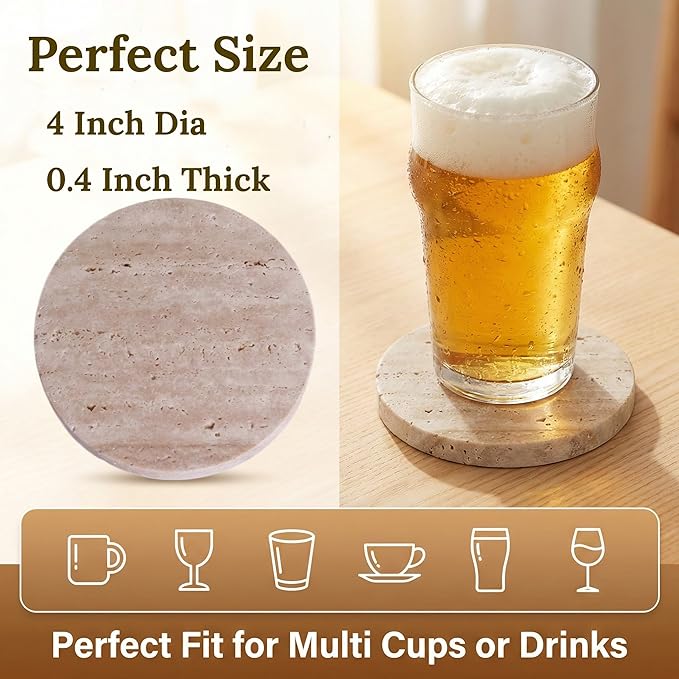 CASACOUTURE-Travertine-Stone-Coasters Set of 4-Round -4" Diameter Drink Coasters for Housewarming Gift, Desktop Protection Suitable for Various Cups - Sturdy and Durable Aesthetics