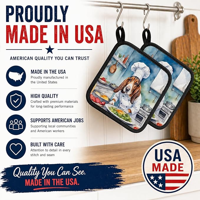 Caroline's Treasures Basset Hound The Chef Pair of Pot Holders Kitchen Heat Resistant Pot Holders Sets Oven Hot Pads for Cooking Baking BBQ, 7 1/2 x 7 1/2