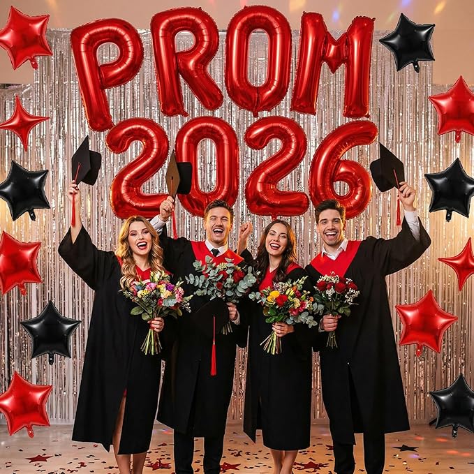 Prom 2026 Balloons Banner, 16 inch Red Letter Balloons Prom 2026 Sign Decoration with Black Red Star Balloon for Class of 2026 Congrats Grad Party Birthday Retirement Graduation Party Supplies