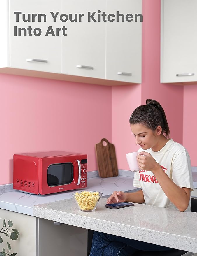 COMFEE' Retro Small Microwave Oven With Compact Size, 9 Preset Menus, Position-Memory Turntable, Mute Function, Countertop Microwave Perfect For Small Spaces, 0.7 Cu Ft/700W, Red, AM720C2RA-R