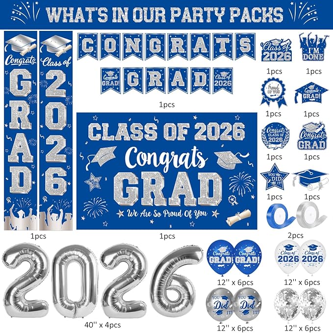 Graduation Decorations Class of 2026, Blue and Silver Graduation Decorations Include Grad Backdrop, Banner, Hanging Swirls, Porch Sign, Balloons for Congrats Grad Party Supplies
