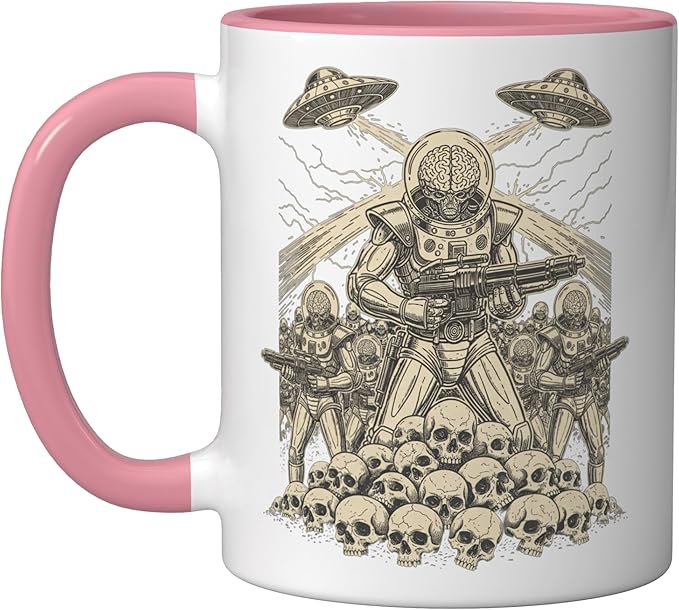 Alien Brain Soldier Retro Sci Fi Saucer Art Ceramic Mug, Pink/White