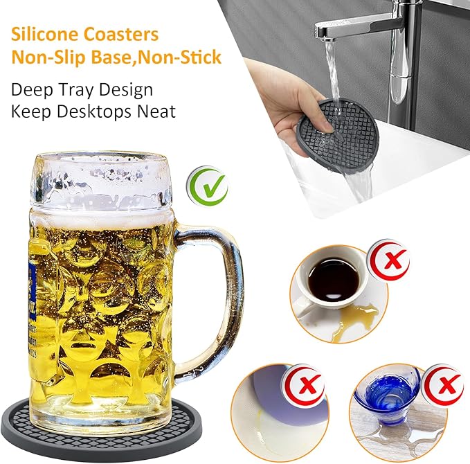 Silicone Coasters for Drinks, Non‑Slip Spill‑Proof Heat Resistant Drink Coasters 2-Piece Set, Reusable Washable Table Protection for Home Decor Kitchen Office, Bar(2Pack,Gray)