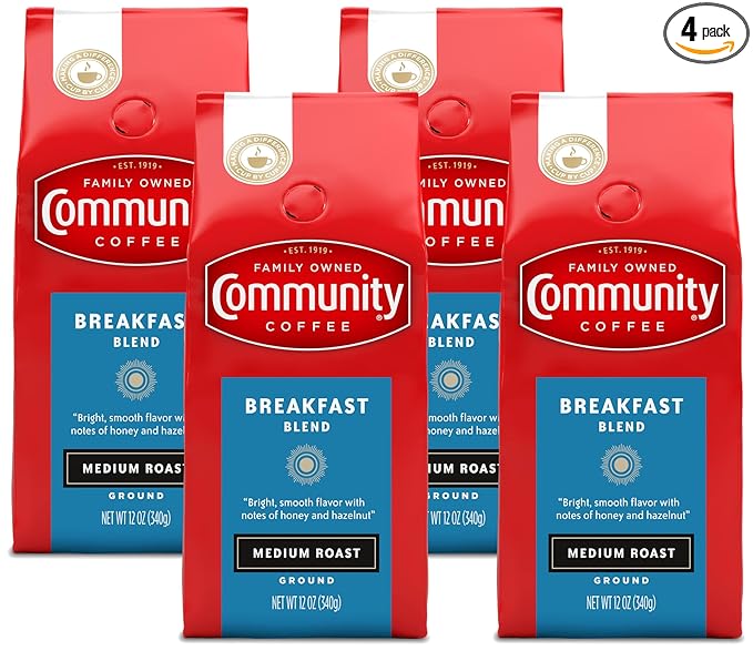 Community Coffee Breakfast Blend, Ground Coffee, Medium Roast, 12 Ounce Bag (Pack of 4)