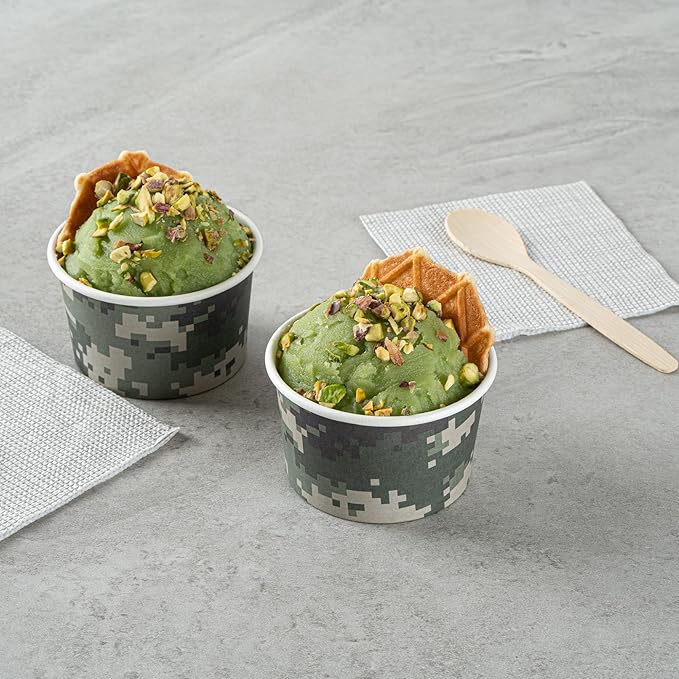 Restaurantware Coppetta 3-Ounce Dessert Cups, 200 Disposable Ice Cream Cups - Lids Sold Separately, Sturdy, Camouflage Paper FroYo Bowls, For Hot And Cold Foods, Perfect For Gelato Or Mousse