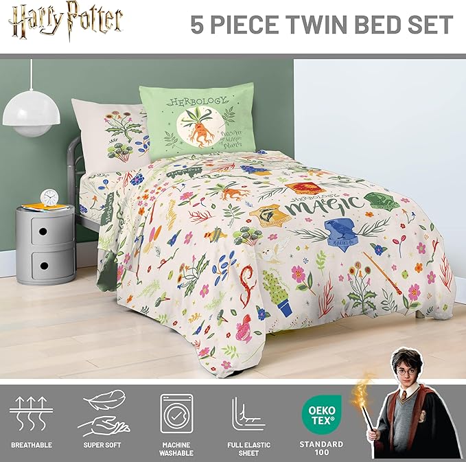 Jay Franco Harry Potter Twin Size Comforter Set - 5 Piece Bedding Includes Sheet Set & Pillow Covers - Super Soft Hogwarts Herbology Bedding