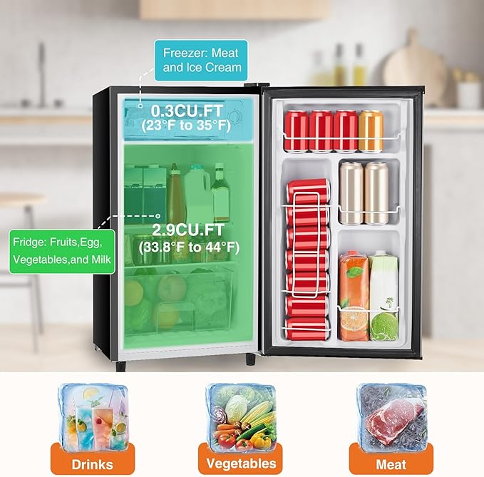 Sweetcrispy 3.2 Cu.Ft Mini Fridge with Freezer Small Refrigerator Single Door Adjustable Thermostat Energy-efficient Low Noise, Compact Fridge for Bedroom, Office, Dorm (Silver Door)