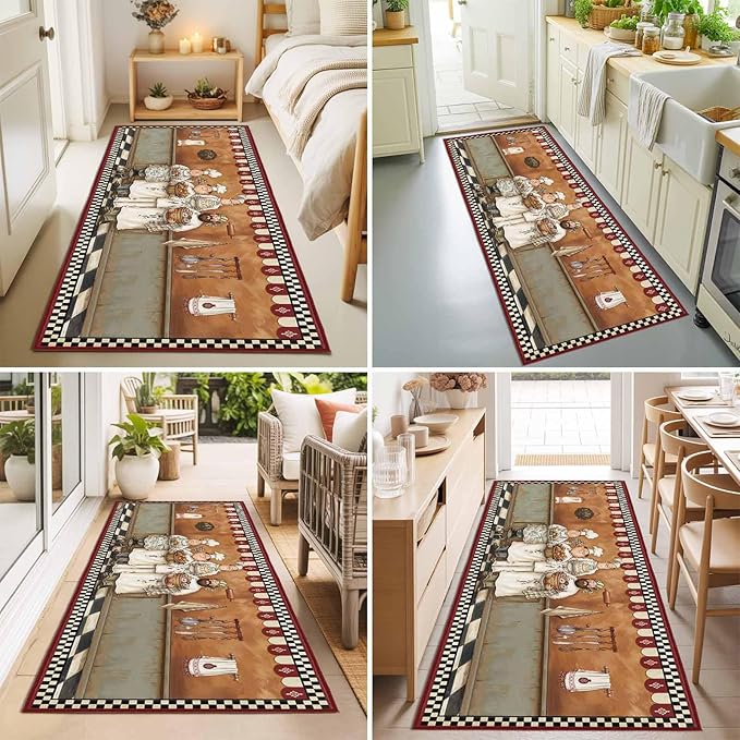 Runner Rug for Bedroom Hallway, Farmhouse Cartoon Chef Kitchen Runner Rugs Area Rug 2x6ft, Cooking Theme Black White Checkered Washable Soft Floor Carpet for Entryway Stair