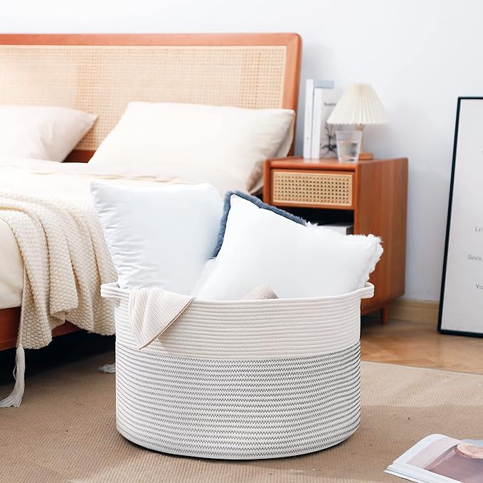 MEGASKET XXXL Large Cotton Rope Blanket Basket for Living Room, Woven Rope Storage Baskets for Organizing, Nursery Kids Toy Baskets Storage Bin Organizer, Baby Laundry Basket Hamper, Decor Basket, 88L