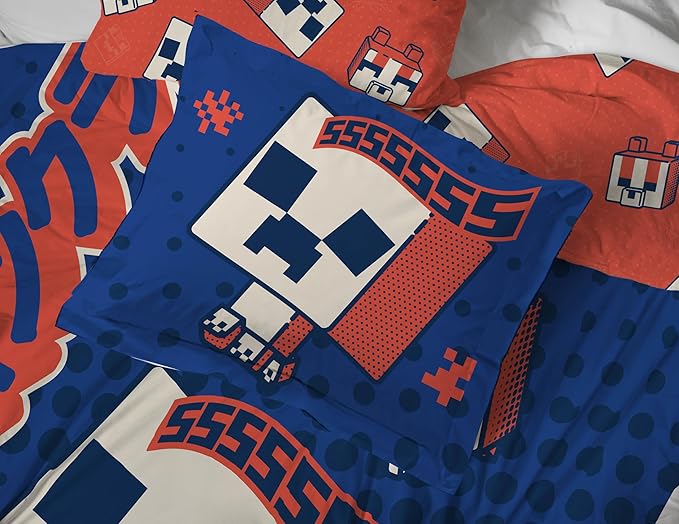 Jay Franco Minecraft Creeper Full Size Comforter Set - 7 Piece Bedding Includes Sheet Set & Pillow Covers - Super Soft Red & Blue Oishi Market Kids Bedding