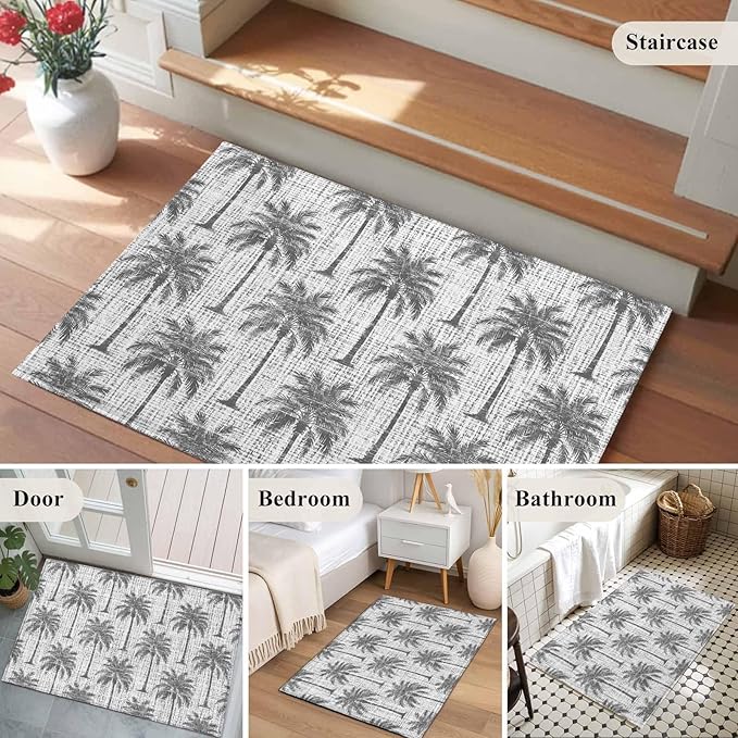Area Rug 2x3ft, Summer Palm Tree Retro Linen Washable Rugs for Living Room Bedroom, Tropical Gray Botanical Soft Non-Slip Area Rugs Rectangle Floor Carpet for Dining Room