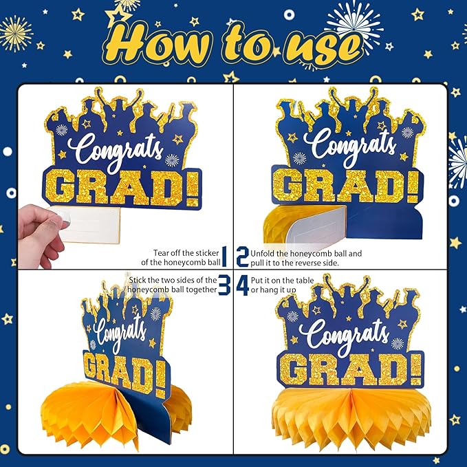 2026 Graduation Party Decorations - 8 Pcs Blue Gold Class of 2026 Graduation Party Table Decor Honeycomb Centerpieces for Tables Congratulate for 2026 Congrats Grad Party Supplies