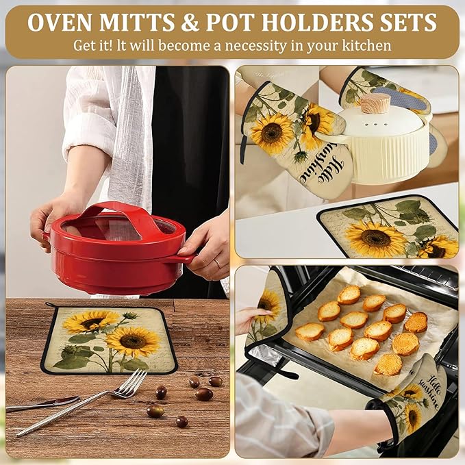 Vintage Sunflower Oven Mitts and Pot Holders Sets 4Pcs Hello Sunshine Floral Silicone Kitchen Gloves Heat Resistant Potholders for Baking Cooking Grilling BBQ