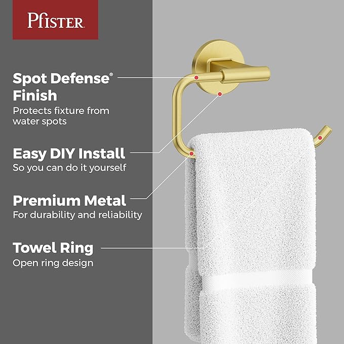 Pfister Capistrano Towel Ring, Hand Towel Holder for Bathroom, Wall-Mounted, Screw-in, Brushed Gold Finish, BRBCSO0BG