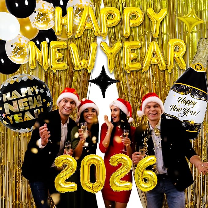 2026 New Year Decorations Kit, 2026 Happy New Years Eve Party Supplies with Foil Balloons Happy New Year Banner, Balloons, Champagne Foil tassel Curtain for New Years Party Decoration