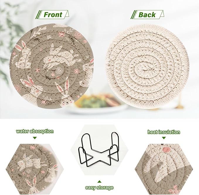 YETTASBIN Cute Bunny 6 Pcs Drink Coasters with Holder, Cotton Woven Absorbent Heat-Resistant Round Coaster Non-Slip Table Mat for Kitchen Bar Home Decor Housewarming Gift, 3.9 in