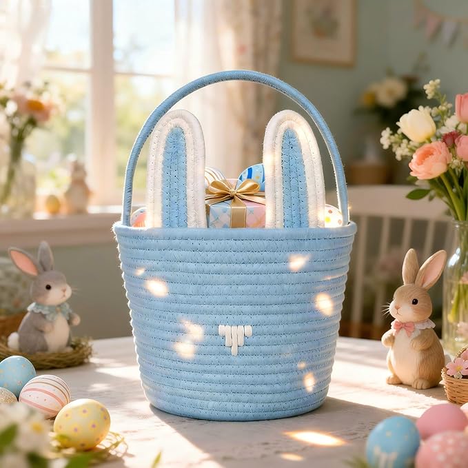 Poschnor Large Easter Basket with Gift Bags and Ribbons, Easter Bunny Basket for Kids, Woven Cotton Rope Basket for gifting, Blue
