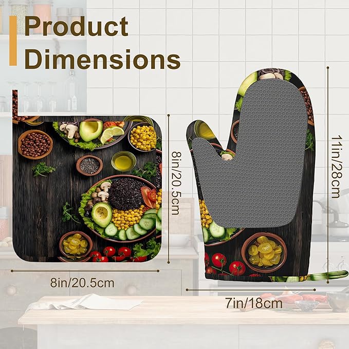 Healthy Food Oven Mitts and Pot Holders Set of 4,Kitchen Glove Heat Resistant Oven Mitts with Non-Slip Silicone for Baking, Cooking, BBQ
