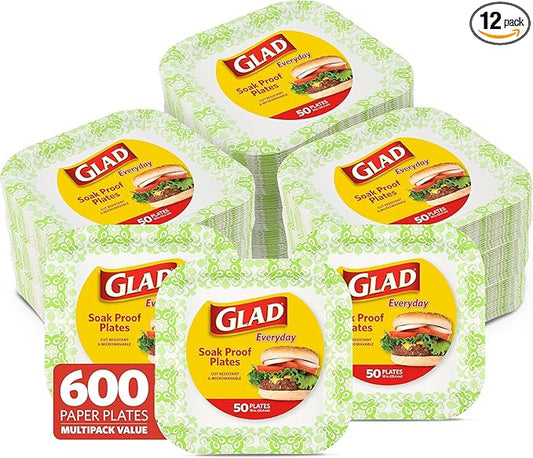 Glad Square Heavy Duty Paper Plates, Soak Proof and Cut Proof Disposable Plates for Parties and Everyday Meals, Microwaveable for Easy Serving, Green Victorian Pattern, 10 Inch, 50 Count - 12 Pack