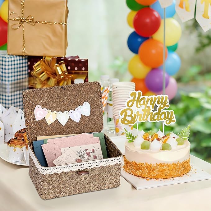 Hipiwe Wedding Card Basket Box Decorative Cards Holder with Letter Flag Handwoven Seagrass Basket Card Receiving Box for Wedding Reception, Baby Shower, Birthday Party, Graduation, Coffee Color