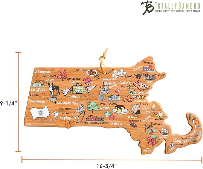 Totally Bamboo Massachusetts State Shaped Cutting Board and Charcuterie Serving Platter with Artwork by Fish Kiss, Includes Hang Tie for Wall Display