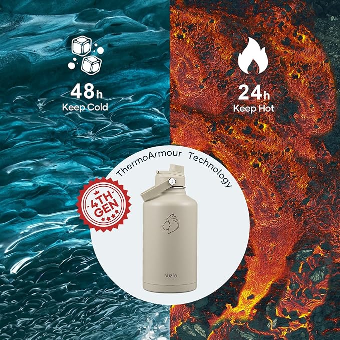 BUZIO 64oz Insulated Water Bottle, Half gallon Stainless Steel Jug (Cold for 48 Hrs), Triple Wall Vacuum Large Metal Flask with Leakproof Straw Lid and Carry Sleeve, Greige
