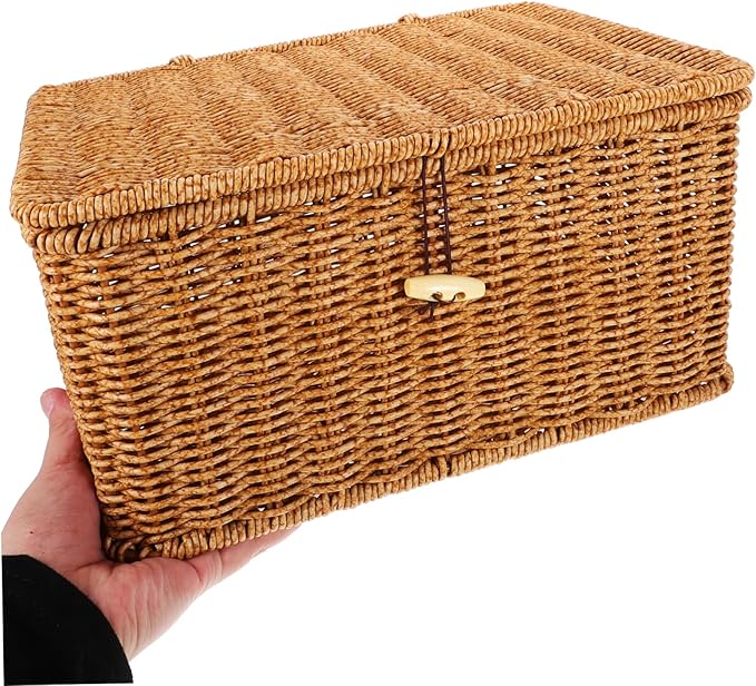 ABOOFAN Lidded Woven Storage Basket Handcrafted Imitation Rattan Box for Organizing Clothes Books and Miscellaneous Items Rustic Decor Light