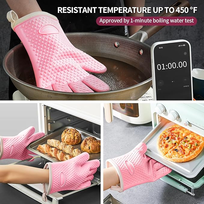 MAD SHARK Silicone Oven Mitts Heat Resistant 450°F,Waterproof & Non-Slip Oven Gloves with Fingers,Cotton Lined Silicone Oven Gloves Kitchen Mitts for Baking Cooking Barbecue,Women (Pink)